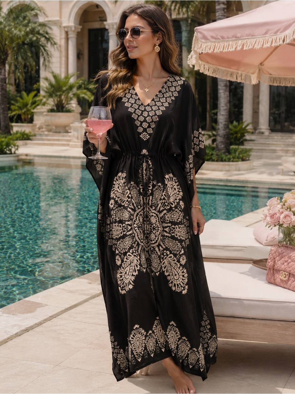 Black Embroidered V-Neck Maxi Kaftan Dress